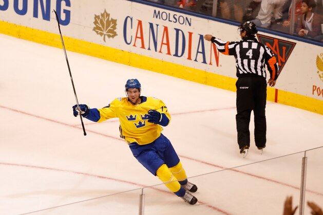 TORONTO, ON - SEPTEMBER 18: Victor Hedman #77 of Team Sweden celebrates his second period goal while playing Team Russia during the World Cup of Hockey at the Air Canada Center on September 18, 2016 in Toronto, Canada.  (Photo by Gregory Shamus/Getty Images)