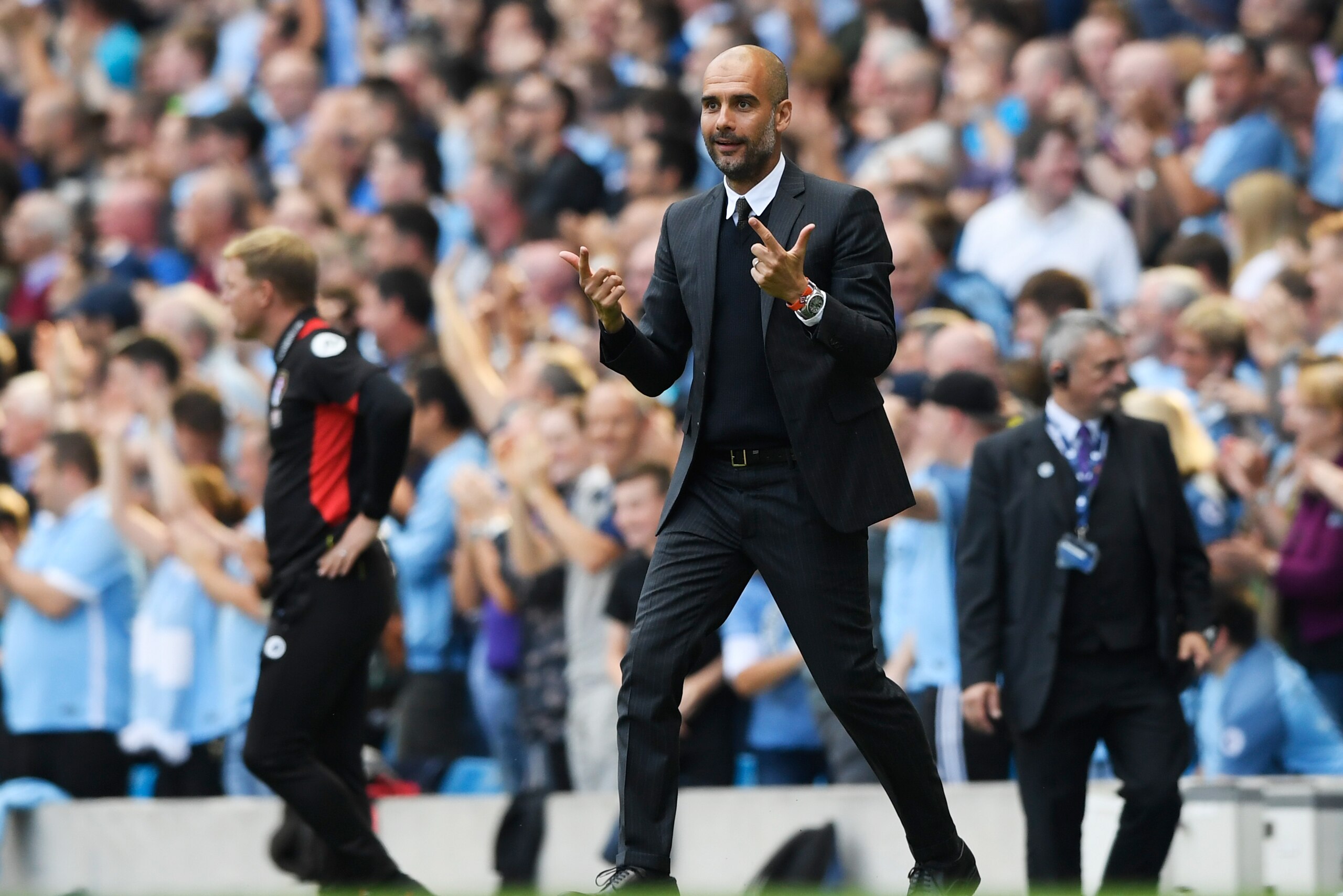 MANCHESTER, ENGLAND - SEPTEMBER 17:  Josep Guardiola, Manager of Manchester City reacts during the Premier League match between Manchester City and AFC Bournemouth at the Etihad Stadium on September 17, 2016 in Manchester, England.  (Photo by Stu Forster/Getty Images)