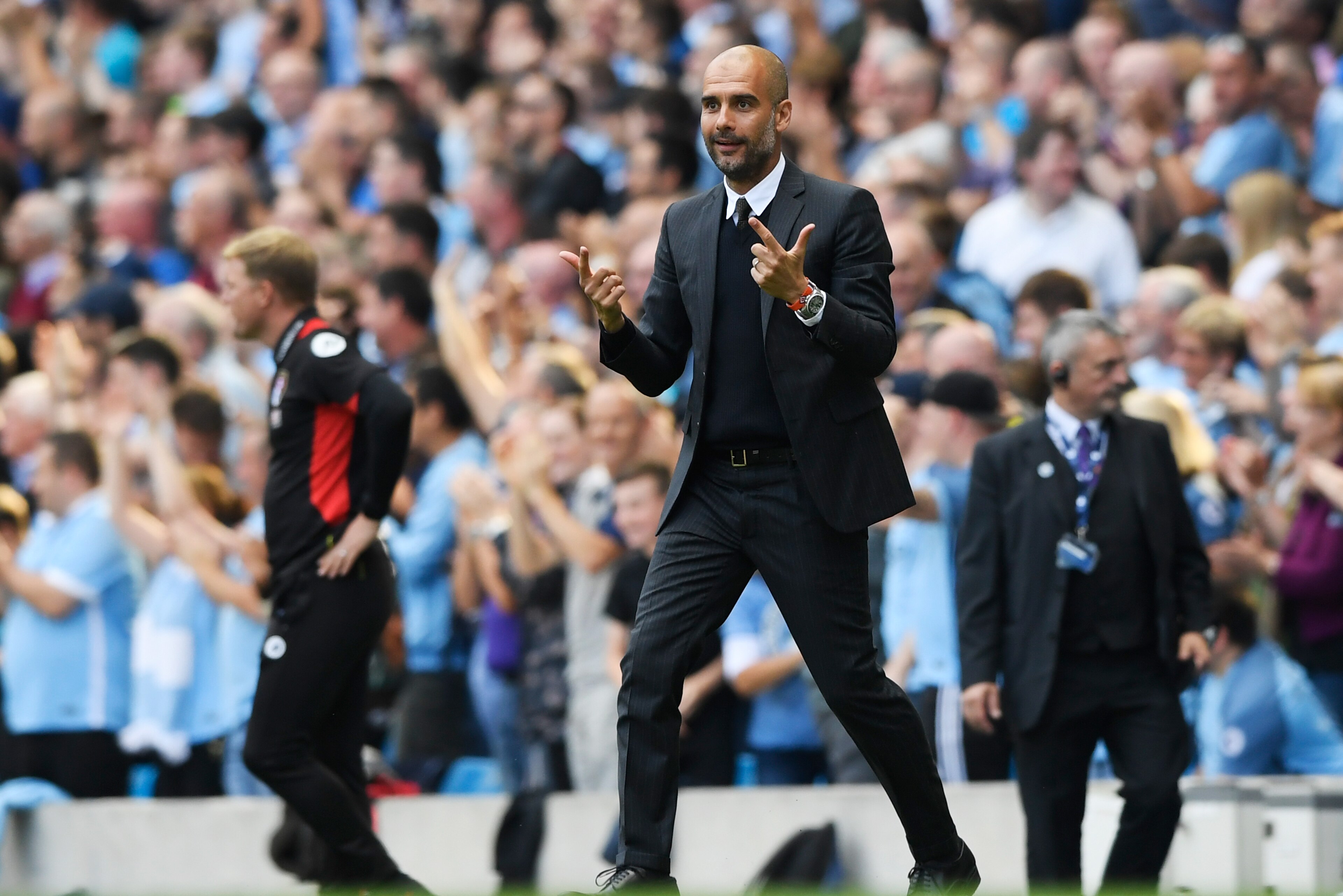 MANCHESTER, ENGLAND - SEPTEMBER 17:  Josep Guardiola, Manager of Manchester City reacts during the Premier League match between Manchester City and AFC Bournemouth at the Etihad Stadium on September 17, 2016 in Manchester, England.  (Photo by Stu Forster/Getty Images)