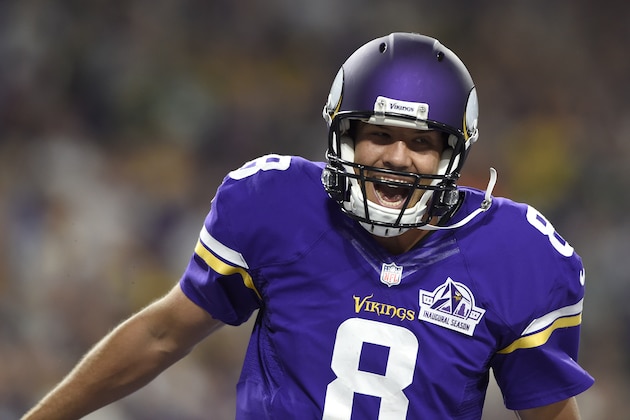 MINNEAPOLIS, MN - SEPTEMBER 18: Quarterback Sam Bradford #8 of the Minnesota Vikings celebrates after completing a touchdown pass in the third quarter of the game against the Green Bay Packers on September 18, 2016 at US Bank Stadium in Minneapolis, Minnesota. The Vikings defeated the Packers 17-14. (Photo by Hannah Foslien/Getty Images)
