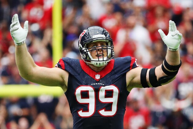 HOUSTON, TX - SEPTEMBER 18:  J.J. Watt #99 of the Houston Texans waits for a play in the fourth quarter of their game against the Kansas City Chiefs at NRG Stadium on September 18, 2016 in Houston, Texas.  (Photo by Scott Halleran/Getty Images)