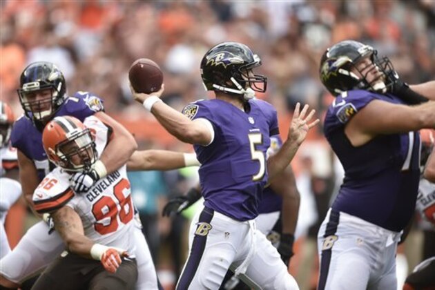 Baltimore Ravens quarterback Joe Flacco (5) throws in the first half of an NFL football game against the Cleveland Browns, Sunday, Sept. 18, 2016, in Cleveland. (AP Photo/David Richard)