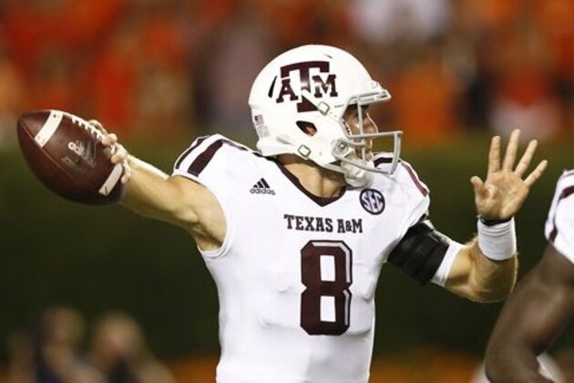 Texas A&M quarterback Trevor Knight sets back and passes in the first half during an NCAA college football game, Saturday against Auburn, Sept. 17, 2016, in Auburn, Ala. (AP Photo/Brynn Anderson)