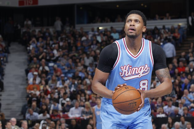SACRAMENTO, CA - MARCH 25: Rudy Gay #8 of the Sacramento Kings attempts a free throw shot against the Phoenix Suns on March 25, 2016 at Sleep Train Arena in Sacramento, California. NOTE TO USER: User expressly acknowledges and agrees that, by downloading and or using this photograph, User is consenting to the terms and conditions of the Getty Images Agreement. Mandatory Copyright Notice: Copyright 2016 NBAE (Photo by Rocky Widner/NBAE via Getty Images)