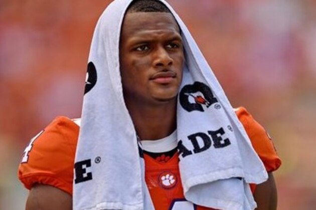 Clemson quarterback Deshaun Watson watches the action from the sideline during the second half of an NCAA college football game against South Carolina State Saturday, Sept. 17, 2016,  in Clemson,  S.C. Clemson won 59-0. (AP Photo/Richard Shiro)