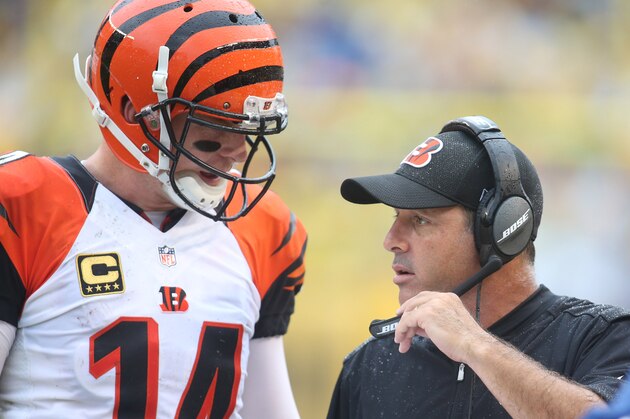 Sep 18, 2016; Pittsburgh, PA, USA;  Cincinnati Bengals quarterback Andy Dalton (14) talks with offensive coordinator Ken Zampese (R) on the sidelines against the Pittsburgh Steelers during the third quarter at Heinz Field. The Pittsburgh Steelers won 24-16.  Mandatory Credit: Charles LeClaire-USA TODAY Sports