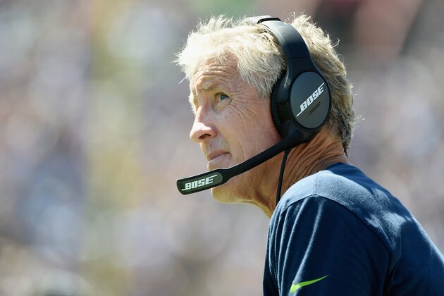 LOS ANGELES, CA - SEPTEMBER 18:  Head coach Pete Carroll of the Seattle Seahawks watches the game in the third quaarter of the home opening NFL game against the Los Angeles Rams at Los Angeles Coliseum on September 18, 2016 in Los Angeles, California.  (Photo by Harry How/Getty Images)