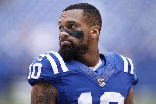 INDIANAPOLIS, IN - OCTOBER 25: Donte Moncrief #10 of the Indianapolis Colts looks on against the New Orleans Saints during a game at Lucas Oil Stadium on October 25, 2015 in Indianapolis, Indiana. The Saints defeated the Colts 27-21. (Photo by Joe Robbins/Getty Images)