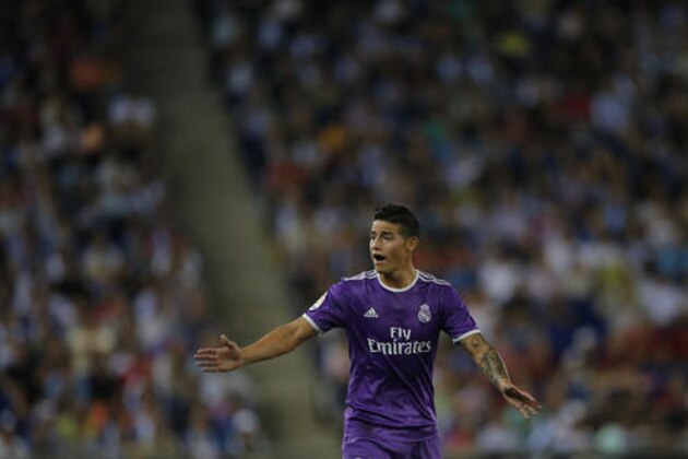 Real Madrid's James Rodriguez gestures during the Spanish La Liga soccer match between Espanyol and Real Madrid at RCDE stadium in Cornella Llobregat, Spain, Sunday, Sept. 18, 2016. (AP Photo/Manu Fernandez)