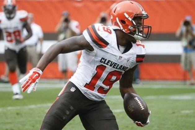 Cleveland Browns wide receiver Corey Coleman reacts after intercepting a pass in the second half of an NFL football game against the Baltimore Ravens, Sunday, Sept. 18, 2016, in Cleveland. (AP Photo/Ron Schwane)