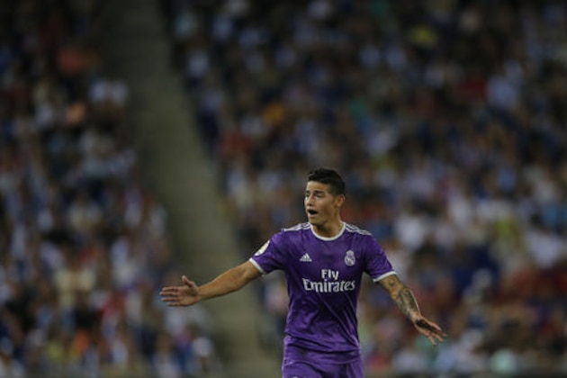 Real Madrid's James Rodriguez gestures during the Spanish La Liga soccer match between Espanyol and Real Madrid at RCDE stadium in Cornella Llobregat, Spain, Sunday, Sept. 18, 2016. (AP Photo/Manu Fernandez)