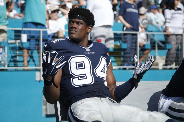 MIAMI GARDENS, FL - NOVEMBER 22: Randy Gregory #94 of the Dallas Cowboys looks on against the Miami Dolphins during the game at Sun Life Stadium on November 22, 2015 in Miami Gardens, Florida. Dallas defeated Miami 24-14. (Photo by Joe Robbins/Getty Images)