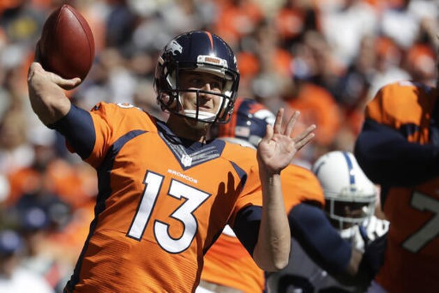 Denver Broncos quarterback Trevor Siemian passes against the Indianapolis Colts during the first half in a NFL football game, Sunday, Sept. 18, 2016, in Denver. (AP Photo/Jack Dempsey)