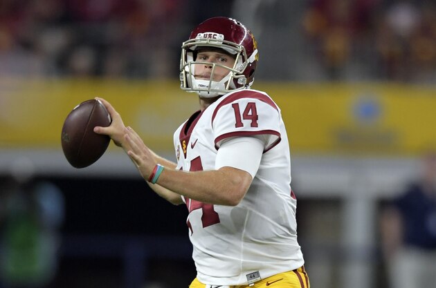 Sep 3, 2016; Arlington, TX, USA; USC Trojans quarterback Sam Darnold (14) throws a pass during the second half against the Alabama Crimson Tide at AT&T Stadium. Mandatory Credit: Kirby Lee-USA TODAY Sports