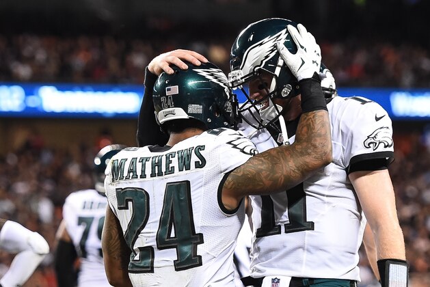 CHICAGO, IL - SEPTEMBER 19:   Ryan Mathews #24 and quarterback Carson Wentz #11 of the Philadelphia Eagles celebrate after Mathews scored a touchdown in the third quarter against the Chicago Bears at Soldier Field on September 19, 2016 in Chicago, Illinois.  (Photo by Stacy Revere/Getty Images)