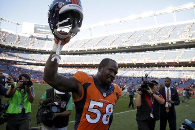 Denver Broncos outside linebacker Von Miller celebrates after a win over the Indianapolis Colts in an NFL football game, Sunday, Sept. 18, 2016, in Denver. (AP Photo/Joe Mahoney)