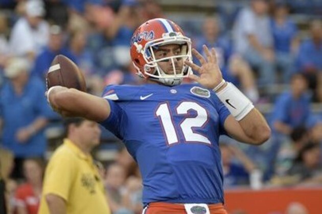 Florida quarterback Austin Appleby (12) warms up before an NCAA college football game against North Texas in Gainesville, Fla., Saturday, Sept. 17, 2016. (AP Photo/Phelan M. Ebenhack)