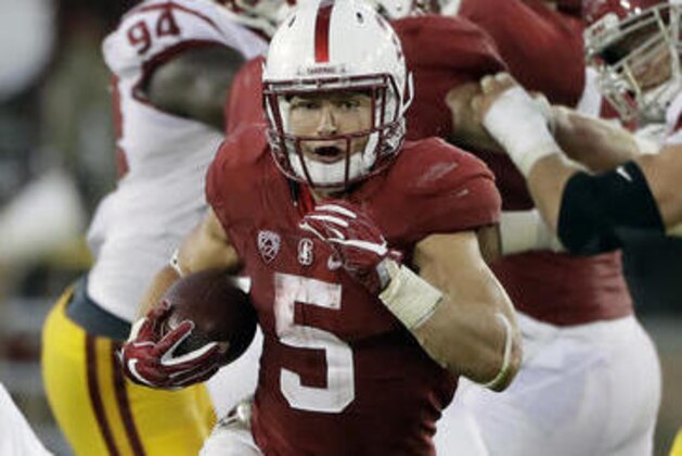 Stanford running back Christian McCaffrey (5) runs against Southern California during the second half of an NCAA college football game Saturday, Sept. 17, 2016, in Stanford, Calif. (AP Photo/Marcio Jose Sanchez)