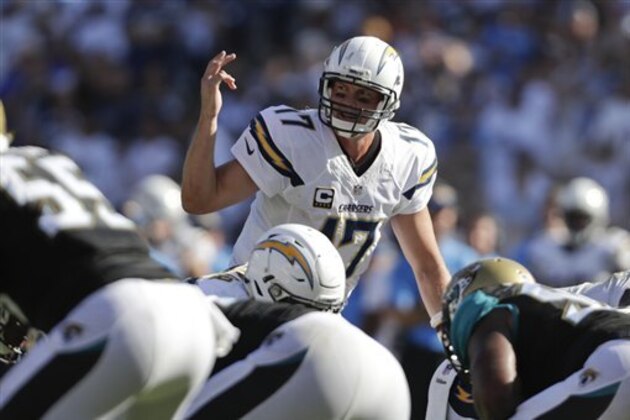 San Diego Chargers quarterback Philip Rivers calls a play during the second half of an NFL football game against the Jacksonville Jaguars Sunday, Sept. 18, 2016, in San Diego. (AP Photo/Ryan Kang)