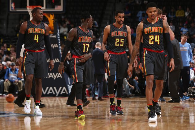 DENVER, CO - JANUARY 25:  Paul Millsap #4, Dennis Schroder #17, Thabo Sefolosha #25 and Kent Bazemore #24 of the Atlanta Hawks take the court against the Denver Nuggets at Pepsi Center on January 25, 2016 in Denver, Colorado. The Hawks defeated the Nuggets 119-105. NOTE TO USER: User expressly acknowledges and agrees that, by downloading and or using this photograph, User is consenting to the terms and conditions of the Getty Images License Agreement.  (Photo by Doug Pensinger/Getty Images)