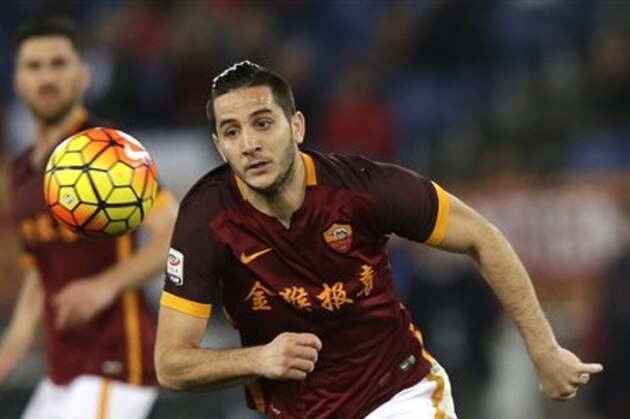 Roma’s Kostas Manolas wears the team jersey bearing a Chinese writing which reads: