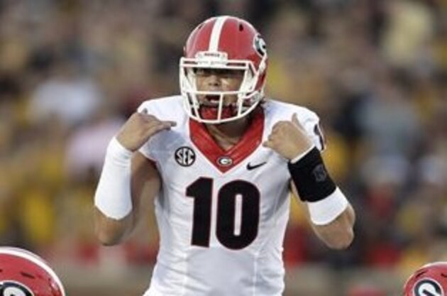 Georgia quarterback Jacob Eason signals during the first half of an NCAA college football game against Missouri Saturday, Sept. 17, 2016, in Columbia, Mo. (AP Photo/Jeff Roberson)