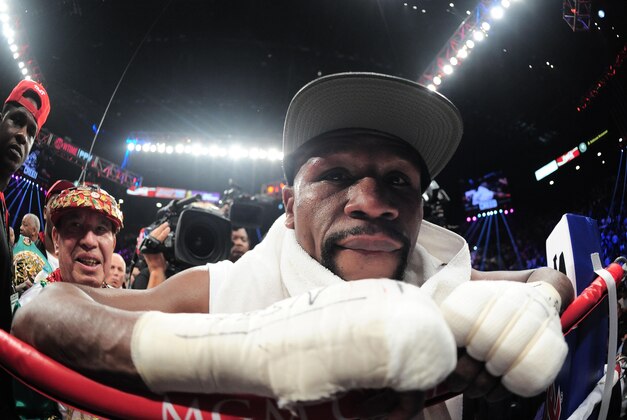 Sep 12, 2015; Las Vegas, NV, USA; Floyd Mayweather reacts after his WBA/WBC welterweight title bout with Andre Berto (not pictured) at MGM Grand Garden Arena. Mayweather won via unanimous decision. Mandatory Credit: Joe Camporeale-USA TODAY Sports