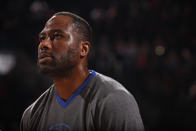 PORTLAND, OR - MARCH 26: Elton Brand #42 of the Philadelphia 76ers is seen before the game against the Portland Trail Blazers on March 26, 2016 at the Moda Center in Portland, Oregon. NOTE TO USER: User expressly acknowledges and agrees that, by downloading and or using this Photograph, user is consenting to the terms and conditions of the Getty Images License Agreement. Mandatory Copyright Notice: Copyright 2016 NBAE (Photo by Cameron Browne/NBAE via Getty Images)