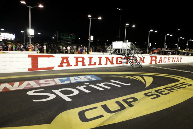 DARLINGTON, SC - SEPTEMBER 06:  A view of the Darlington Raceway logo on the front straight SAFER barrier after the crew of Carl Edwards, driver of the #19 ARRIS Toyota, used tape to make it say 'Carlington' to celebrate Edwards' victory in the NASCAR Sprint Cup Series Bojangles' Southern 500 at Darlington Raceway on September 6, 2015 in Darlington, South Carolina.  (Photo by Kena Krutsinger/Getty Images)