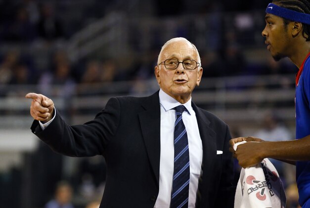 Jan 13, 2016; Greenville, NC, USA; SMU Mustangs head coach Larry Brown reacts during the second half against the East Carolina Pirates at Williams Arena at Minges Coliseum. The SMU Mustangs defeated the East Carolina Pirates 79-55. Mandatory Credit: James Guillory-USA TODAY Sports