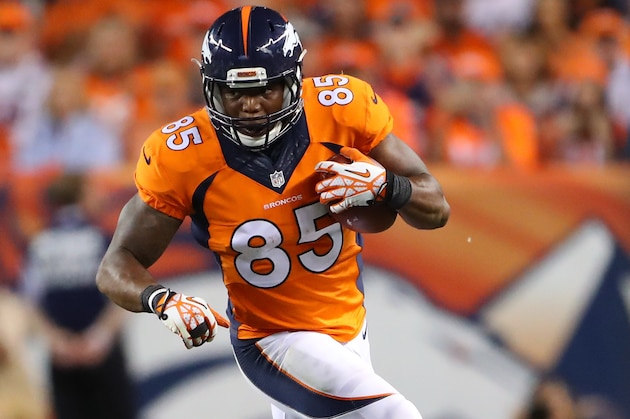 Sep 8, 2016; Denver, CO, USA; Denver Broncos tight end Virgil Green (85) against the Carolina Panthers at Sports Authority Field at Mile High. The Broncos defeated the Panthers 21-20. Mandatory Credit: Mark J. Rebilas-USA TODAY Sports