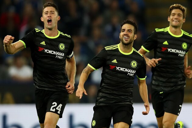 LEICESTER, ENGLAND - SEPTEMBER 20:  Cesc Fabregas of Chelsea celebrates scoring his sides fourth goal with Gary Cahill of Chelsea during the EFL Cup Third Round match between Leicester City and Chelsea at The King Power Stadium on September 20, 2016 in Leicester, England.  (Photo by Julian Finney/Getty Images)