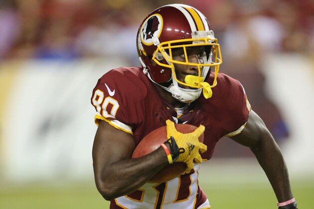 LANDOVER, MD - AUGUST 19:  Wide Receiver Jamison Crowder #80 of the Washington Redskins has a long gain against the New York Jets at FedExField on August 19, 2016 in Landover, Maryland.  (Photo by Al Pereira/New York Jets/Getty Images)