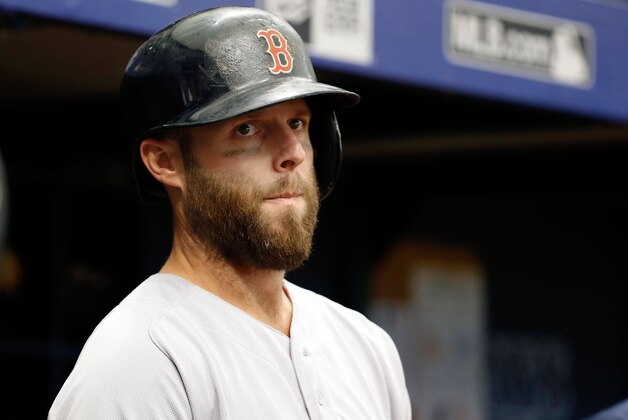 Aug 25, 2016; St. Petersburg, FL, USA; Boston Red Sox second baseman Dustin Pedroia (15) on deck to bat against the Tampa Bay Rays  at Tropicana Field. Mandatory Credit: Kim Klement-USA TODAY Sports