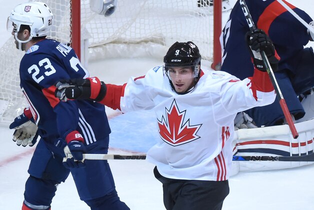 Sep 20, 2016; Toronto, Ontario, Canada;  Team Canada forward Matt Duchene (9) celebrates his second goal of the first period against Team USA during preliminary round play in the 2016 World Cup of Hockey at Air Canada Centre. Mandatory Credit: Dan Hamilton-USA TODAY Sports