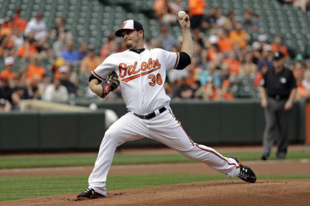 Baltimore Orioles starting pitcher Wade Miley throws to the Tampa Bay Rays in the first inning of a baseball game in Baltimore, Sunday, Sept. 18, 2016. (AP Photo/Patrick Semansky)