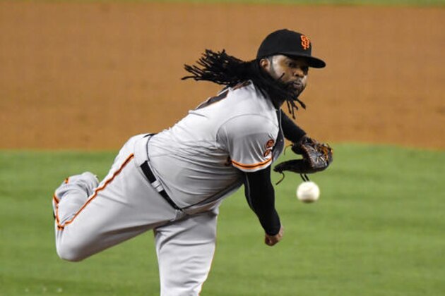 San Francisco Giants starting pitcher Johnny Cueto throws to the plate during the second inning of a baseball game against the Los Angeles Dodgers, Tuesday, Sept. 20, 2016, in Los Angeles. (AP Photo/Mark J. Terrill)