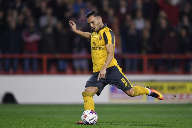 NOTTINGHAM, ENGLAND - SEPTEMBER 20: Lucas Perez of Arsenal scores his sides second goal from the penalty spot during the EFL Cup Third Round match between Nottingham Forest and Arsenal at City Ground on September 20, 2016 in Nottingham, England.  (Photo by Shaun Botterill/Getty Images)