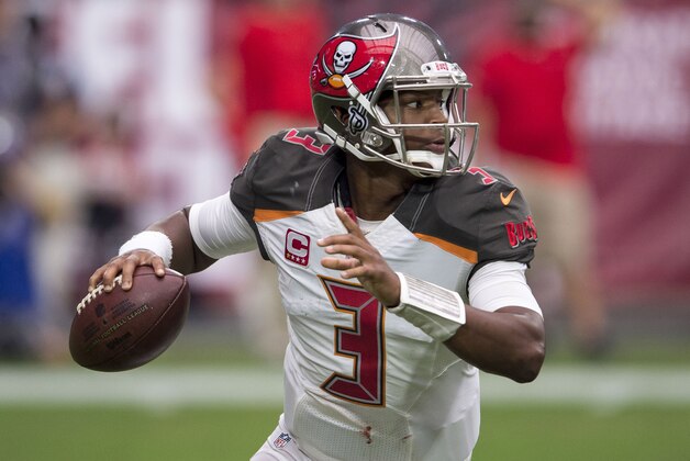 Sep 18, 2016; Glendale, AZ, USA; Tampa Bay Buccaneers quarterback Jameis Winston (3) rolls out against the Arizona Cardinals during the second half at University of Phoenix Stadium. The Cardinals defeat the Buccaneers 40-7. Mandatory Credit: Jerome Miron-USA TODAY Sports