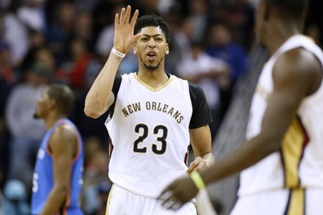 New Orleans Pelicans forward Anthony Davis (23) reacts during the second half of an NBA basketball game against the Oklahoma City Thunder Thursday, Feb. 25, 2016, in New Orleans. The Pelicans won 123-119. (AP Photo/Jonathan Bachman)
