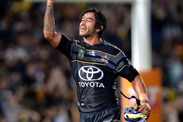 TOWNSVILLE, AUSTRALIA - SEPTEMBER 16: Johnathan Thurston of the Cowboys celebrates victory after the first NRL semi final between North Queensland Cowboys and Brisbane Brisbane at 1300SMILES Stadium on September 16, 2016 in Townsville, Australia.  (Photo by Bradley Kanaris/Getty Images)