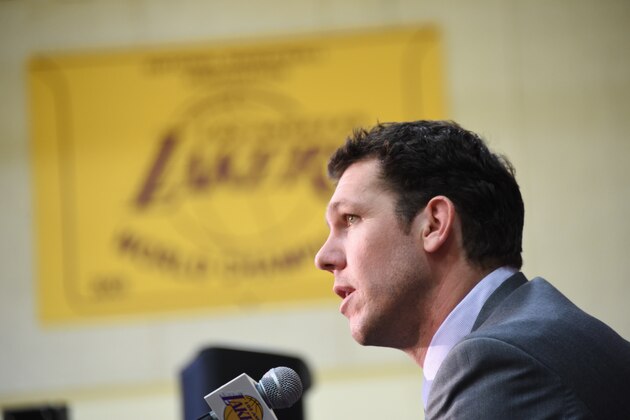 EL SEGUNDO, CA - JUNE 21: Luke Walton is introduced as head coach of the Los Angeles Lakers on June 21, 2016 at Toyota Sports Center in El Segundo, California. NOTE TO USER: User expressly acknowledges and agrees that, by downloading and or using this photograph, User is consenting to the terms and conditions of the Getty Images License Agreement. Mandatory Copyright Notice: Copyright 2016 NBAE (Photo by Andrew D. Bernstein/NBAE via Getty Images) EL SEGUNDO, CA - JUNE 21: Luke Walton is introduced as head coach of the Los Angeles Lakers on June 21, 2016 at Toyota Sports Center in El Segundo, California. NOTE TO USER: User expressly acknowledges and agrees that, by downloading and or using this photograph, User is consenting to the terms and conditions of the Getty Images License Agreement. Mandatory Copyright Notice: Copyright 2016 NBAE (Photo by Andrew D. Bernstein/NBAE via Getty Images)