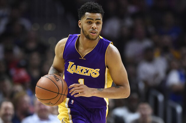 Apr 5, 2016; Los Angeles, CA, USA; Los Angeles Lakers guard D'Angelo Russell (1) dribbles against the Los Angeles Clippers during the first half at Staples Center. Mandatory Credit: Richard Mackson-USA TODAY Sports