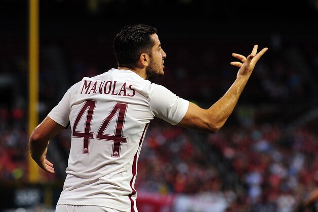 ST LOUIS, MO - AUGUST 01: Kostas Manolas #44 of AS Roma reacts to a call during a friendly match against Liverpool FC at Busch Stadium on August 1, 2016 in St Louis, Missouri. AC Roma won 2-1. (Photo by Jeff Curry/Getty Images)