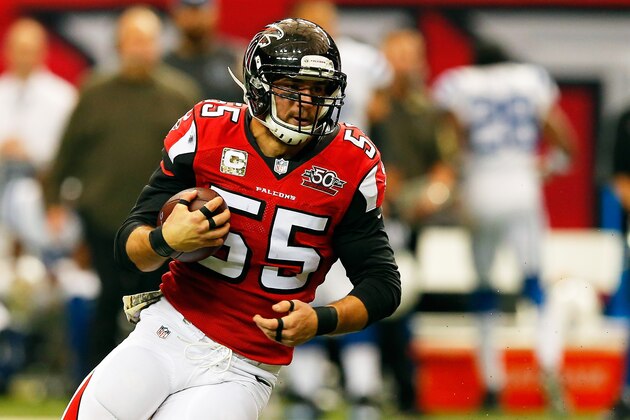 ATLANTA, GA - NOVEMBER 22: Paul Worrilow #55 of the Atlanta Falcons returns an interception during the first half against the Indianapolis Colts at the Georgia Dome on November 22, 2015 in Atlanta, Georgia.  (Photo by Kevin C. Cox/Getty Images)