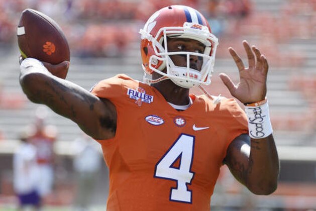Clemson quarterback Deshaun Watson (4) warms up before an NCAA college football game against Troy on Saturday, Sept. 10, 2016, in Clemson, S.C. (AP Photo/Rainier Ehrhardt)