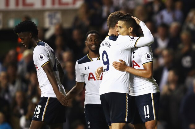 LONDON, ENGLAND - SEPTEMBER 21:  Erik Lamela of Tottenham Hotspur celebrates scoring his sides fifth goal with Vincent Janssen of Tottenham Hotspur during the  EFL Cup Third Round match between Tottenham Hotspur and Gillingham at White Hart Lane on September 21, 2016 in London, England.  (Photo by Julian Finney/Getty Images)