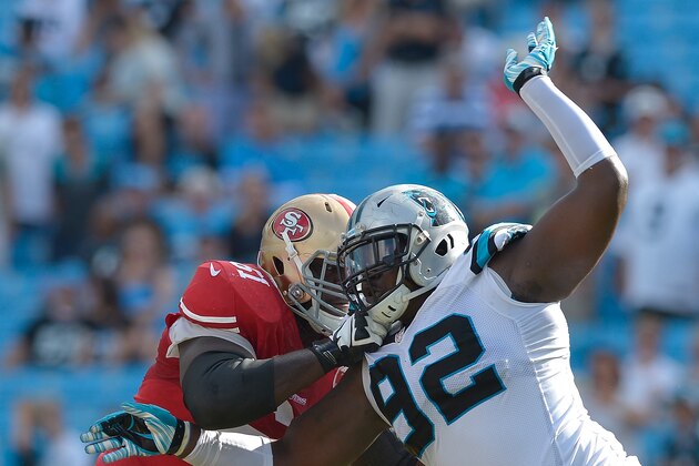 CHARLOTTE, NC - SEPTEMBER 18:  Daniel Kilgore #67 of the San Francisco 49ers blocks Vernon Butler #92 of the Carolina Panthers during the game at Bank of America Stadium on September 18, 2016 in Charlotte, North Carolina.  (Photo by Grant Halverson/Getty Images)