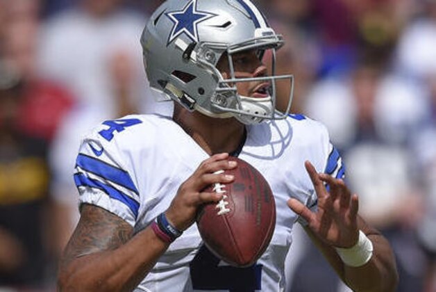 Dallas Cowboys quarterback Dak Prescott (4) looks for an open man during the first half of an NFL football game against the Washington Redskins in Landover, Md., Sunday, Sept. 18, 2016. (AP Photo/Nick Wass)