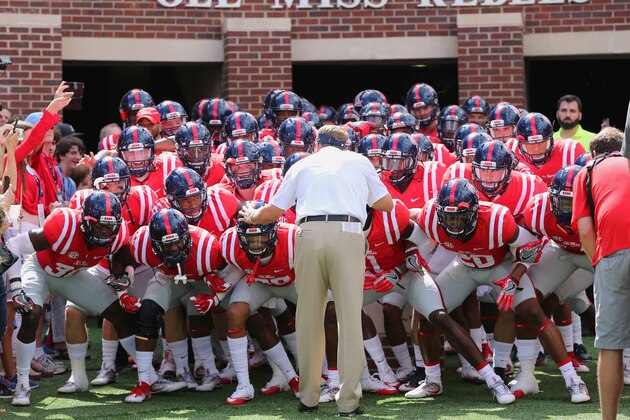 OXFORD, MS - SEPTEMBER 10: Hugh Freeze, head coach of the Mississippi Rebels gets his team ready before taking the field against the Wofford Terriers on September 10, 2016 at Vaught-Hemingway Stadium in Oxford, Mississippi. Mississippi defeated Wofford 38-13. (Photo by Joe Murphy/Getty Images) 'n*** Local Caption *** Hugh Freeze